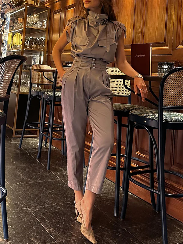 Loose Sleeveless Buckle Solid Color Stand Collar Blouses&Shirts Tops - Image 15