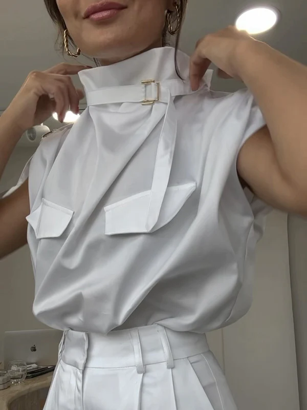 Loose Sleeveless Buckle Solid Color Stand Collar Blouses&Shirts Tops - Image 2