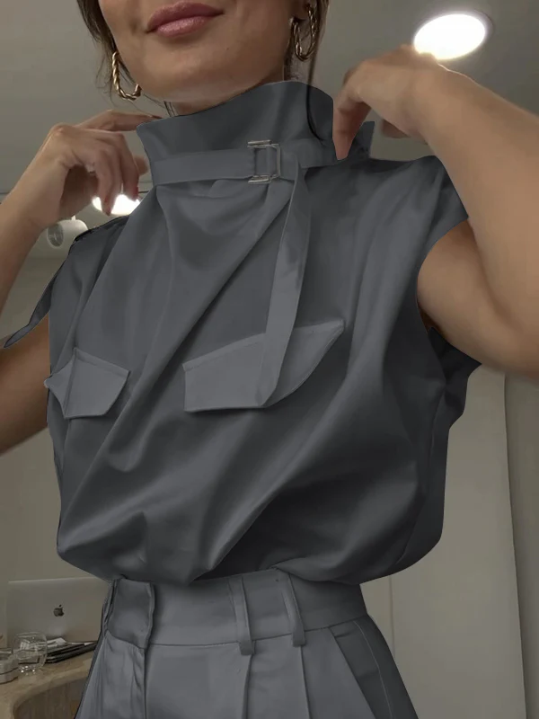 Loose Sleeveless Buckle Solid Color Stand Collar Blouses&Shirts Tops - Image 3