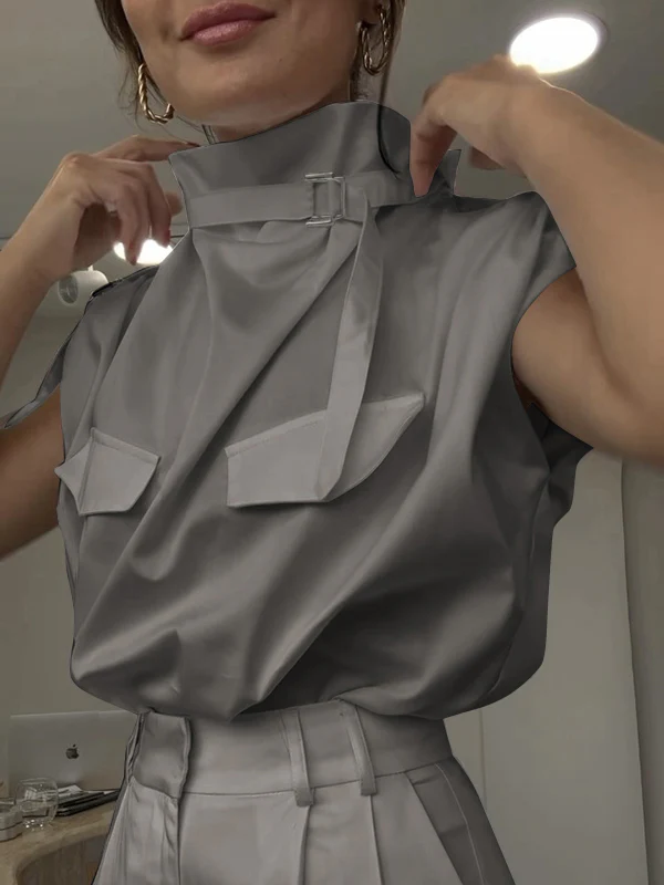 Loose Sleeveless Buckle Solid Color Stand Collar Blouses&Shirts Tops - Image 4