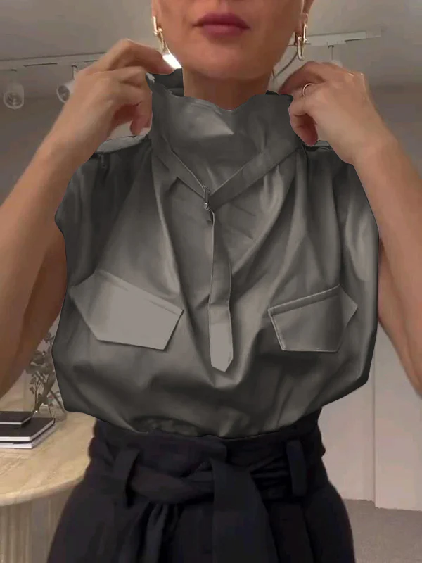 Loose Sleeveless Buckle Solid Color Stand Collar Blouses&Shirts Tops - Image 5