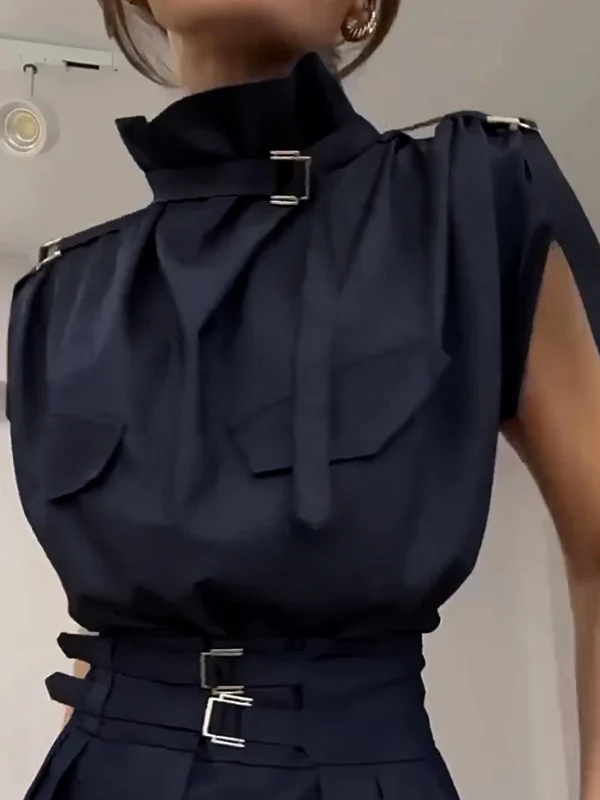 Loose Sleeveless Buckle Solid Color Stand Collar Blouses&Shirts Tops - Image 6