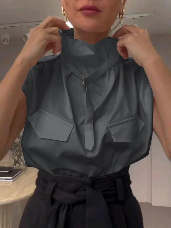 Loose Sleeveless Buckle Solid Color Stand Collar Blouses&Shirts Tops - Image 7