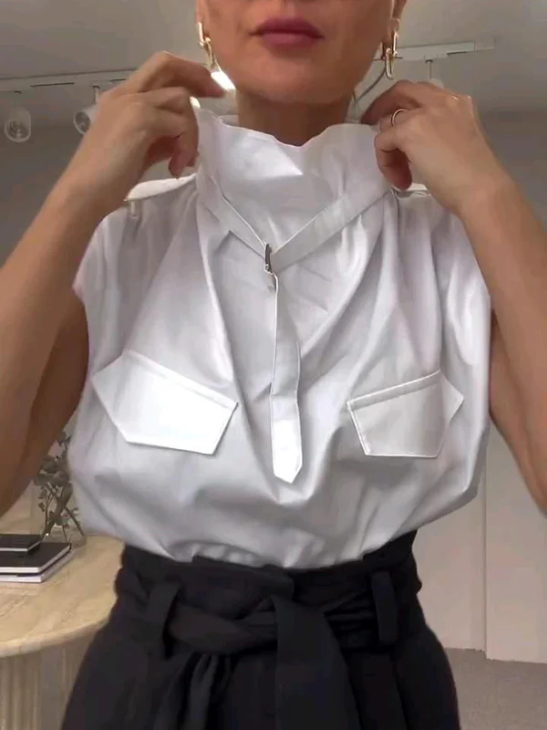 Loose Sleeveless Buckle Solid Color Stand Collar Blouses&Shirts Tops - Image 8