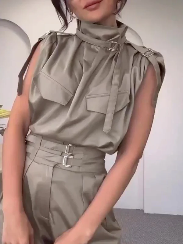 Loose Sleeveless Buckle Solid Color Stand Collar Blouses&Shirts Tops - Image 9