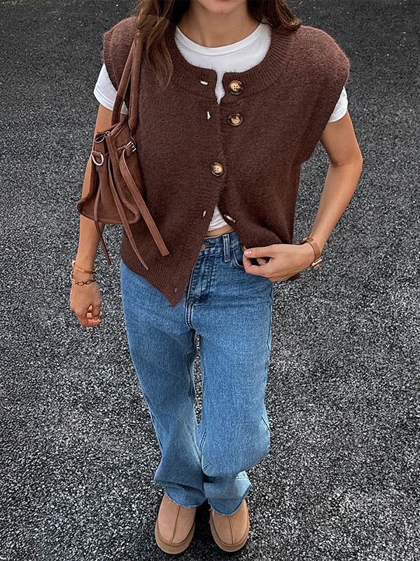 Loose Sleeveless Buttoned Contrast Color Split-Joint Round-Neck Outerwear Vest Top - Image 3