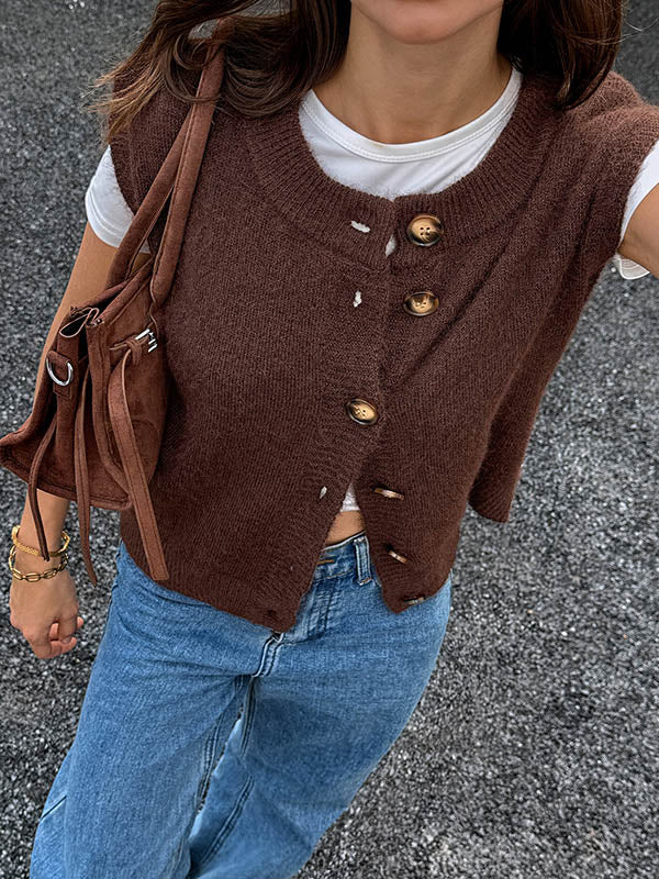 Loose Sleeveless Buttoned Contrast Color Split-Joint Round-Neck Outerwear Vest Top - Image 4