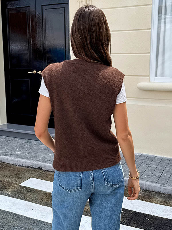 Loose Sleeveless Buttoned Contrast Color Split-Joint Round-Neck Outerwear Vest Top - Image 5