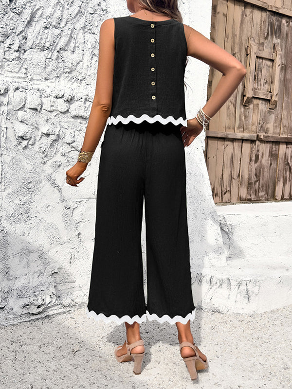 Loose Sleeveless Buttoned Contrast Color Split-Joint Vest Top + Pockets Pants Bottom Two Pieces Set - Image 11