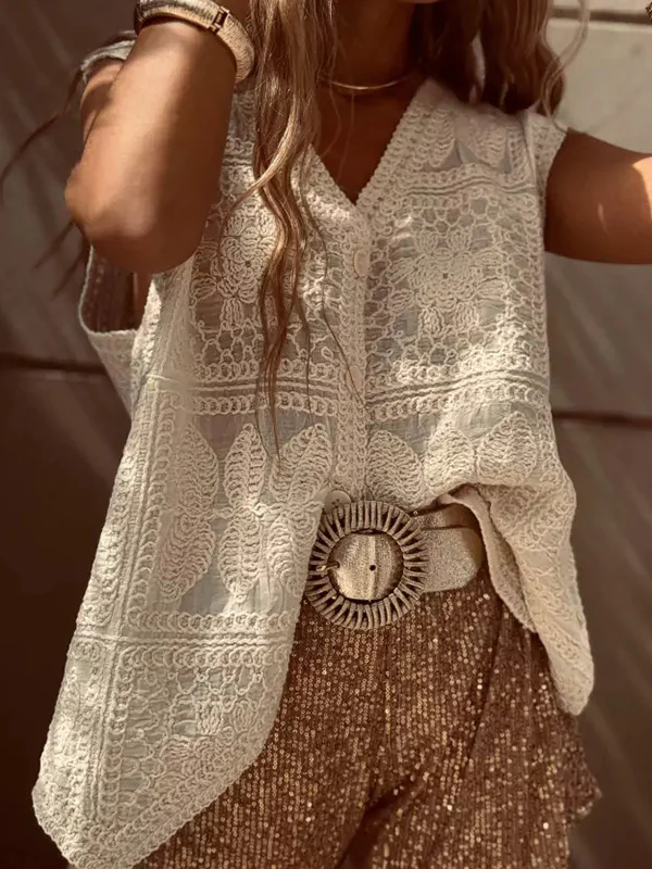 Loose Sleeveless Buttoned Crochet Embroidered V-Neck Vest Top - Image 2