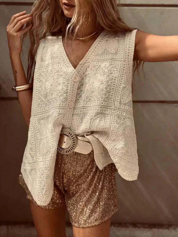 Loose Sleeveless Buttoned Crochet Embroidered V-Neck Vest Top - Image 3