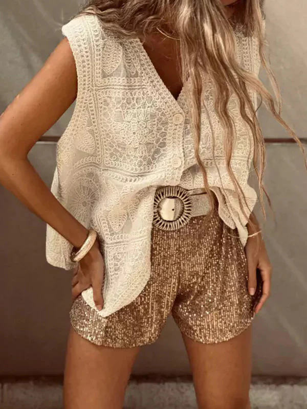 Loose Sleeveless Buttoned Crochet Embroidered V-Neck Vest Top - Image 4