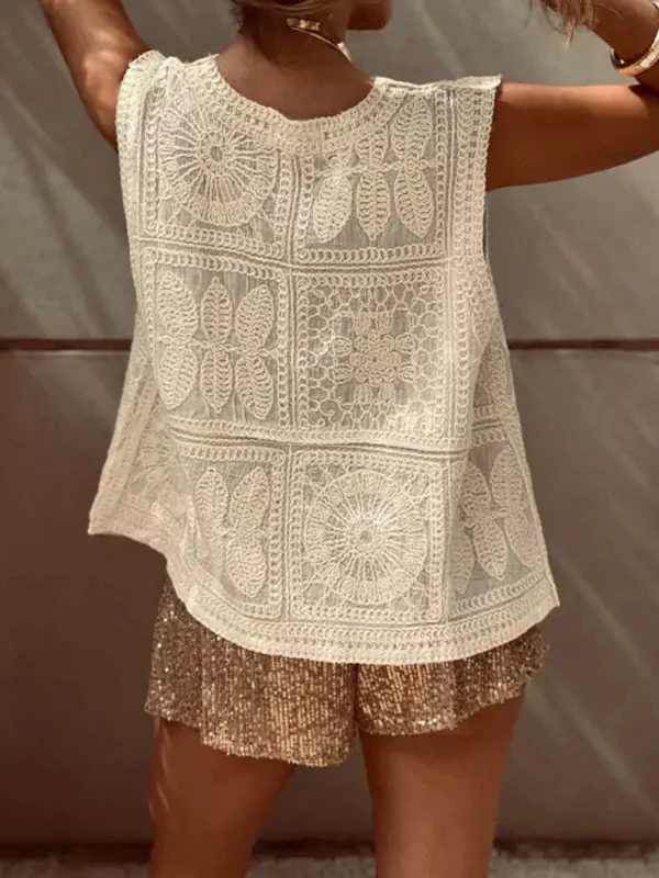 Loose Sleeveless Buttoned Crochet Embroidered V-Neck Vest Top - Image 5