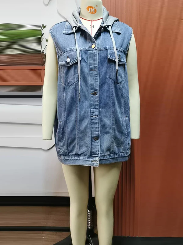 Loose Sleeveless Buttoned Detachable Drawstring Hooded Pockets Split-Joint Polo Vest Outerwear - Image 10