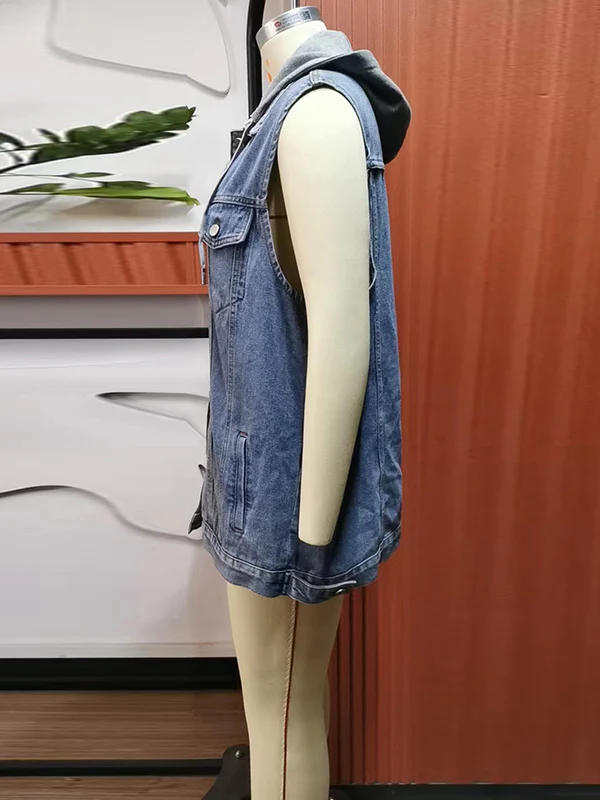 Loose Sleeveless Buttoned Detachable Drawstring Hooded Pockets Split-Joint Polo Vest Outerwear - Image 11