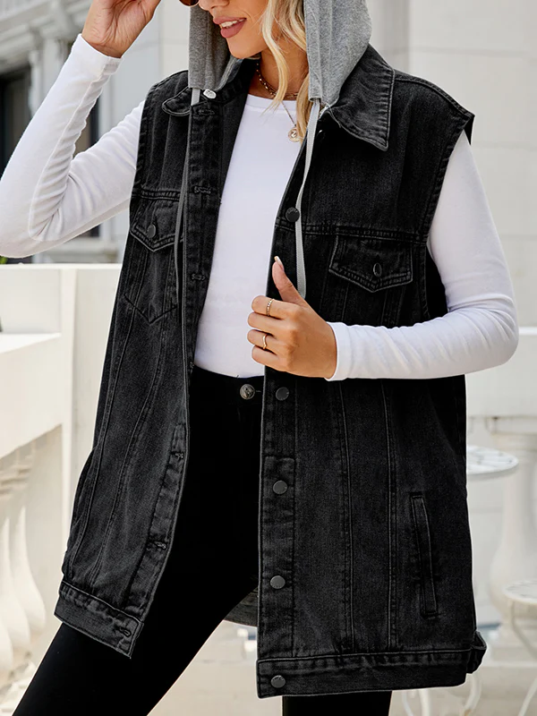 Loose Sleeveless Buttoned Detachable Drawstring Hooded Pockets Split-Joint Polo Vest Outerwear - Image 2