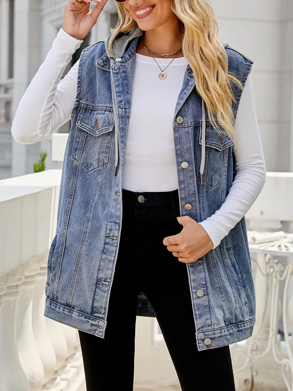 Loose Sleeveless Buttoned Detachable Drawstring Hooded Pockets Split-Joint Polo Vest Outerwear - Image 3