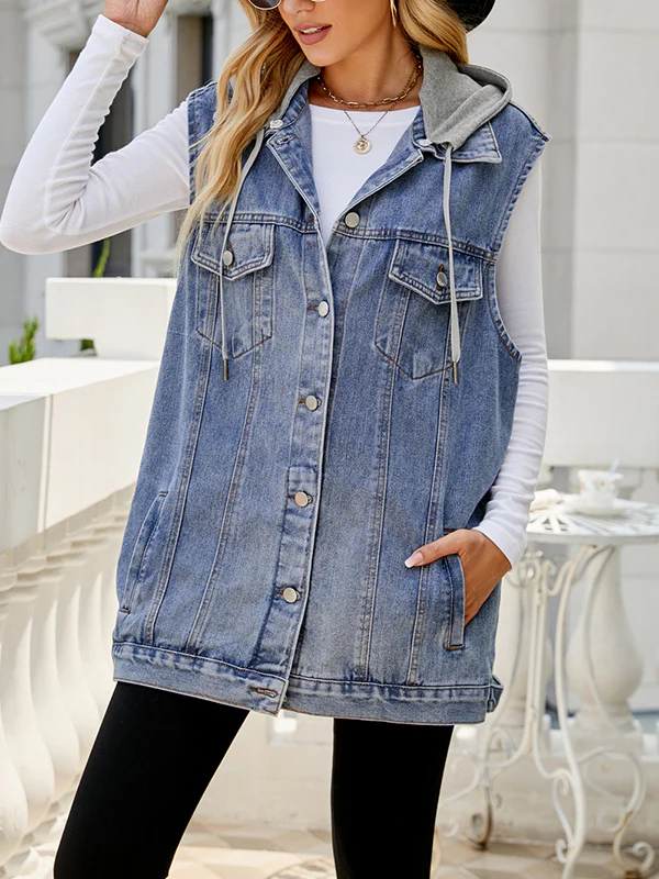 Loose Sleeveless Buttoned Detachable Drawstring Hooded Pockets Split-Joint Polo Vest Outerwear - Image 4