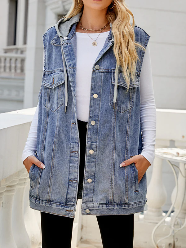 Loose Sleeveless Buttoned Detachable Drawstring Hooded Pockets Split-Joint Polo Vest Outerwear - Image 5