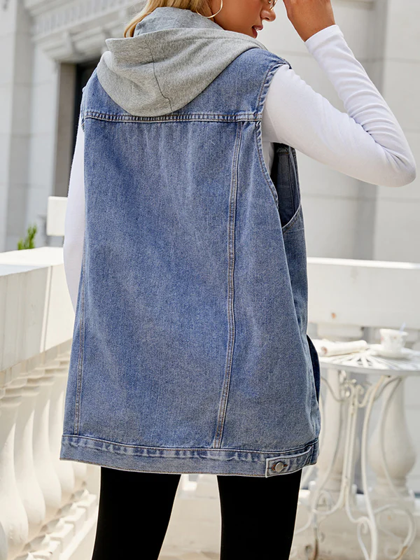 Loose Sleeveless Buttoned Detachable Drawstring Hooded Pockets Split-Joint Polo Vest Outerwear - Image 6
