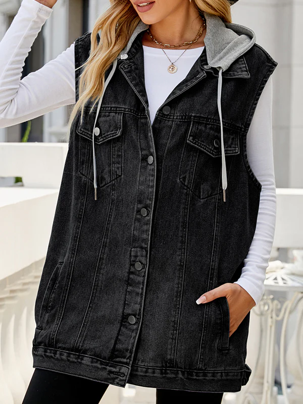 Loose Sleeveless Buttoned Detachable Drawstring Hooded Pockets Split-Joint Polo Vest Outerwear - Image 7
