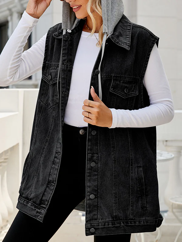 Loose Sleeveless Buttoned Detachable Drawstring Hooded Pockets Split-Joint Polo Vest Outerwear - Image 8