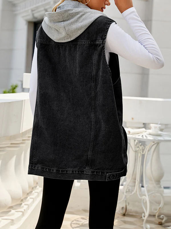 Loose Sleeveless Buttoned Detachable Drawstring Hooded Pockets Split-Joint Polo Vest Outerwear - Image 9