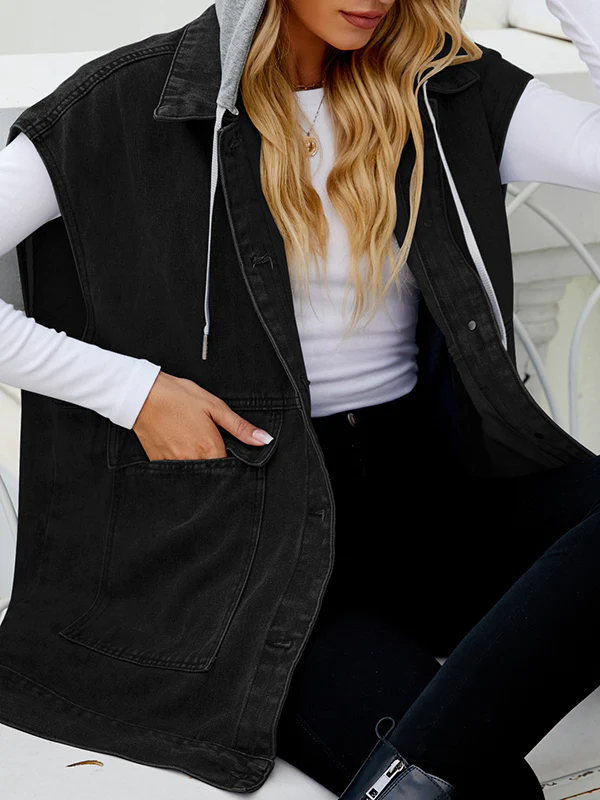 Loose Sleeveless Buttoned Detachable Hooded Pockets Split-Joint Lapel Collar Vest Outerwear - Image 10