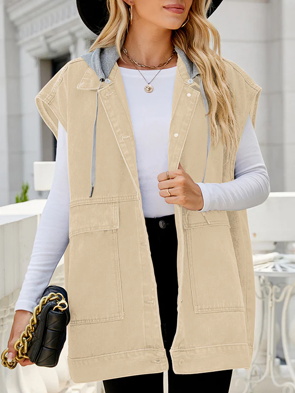 Loose Sleeveless Buttoned Detachable Hooded Pockets Split-Joint Lapel Collar Vest Outerwear - Image 11