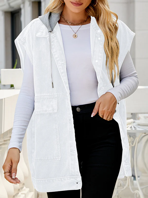 Loose Sleeveless Buttoned Detachable Hooded Pockets Split-Joint Lapel Collar Vest Outerwear - Image 12