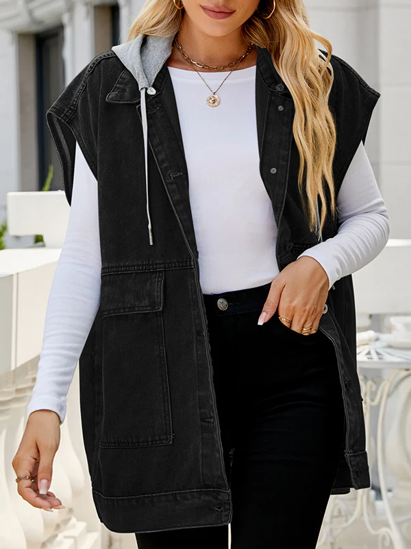 Loose Sleeveless Buttoned Detachable Hooded Pockets Split-Joint Lapel Collar Vest Outerwear - Image 14