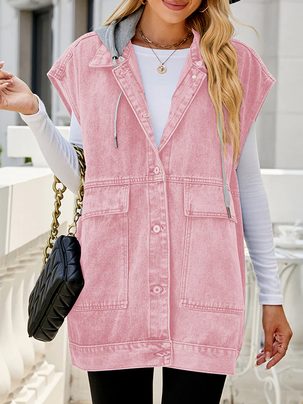 Loose Sleeveless Buttoned Detachable Hooded Pockets Split-Joint Lapel Collar Vest Outerwear - Image 16
