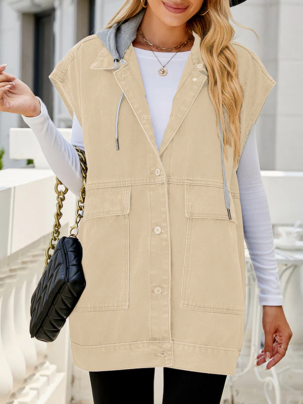 Loose Sleeveless Buttoned Detachable Hooded Pockets Split-Joint Lapel Collar Vest Outerwear - Image 17