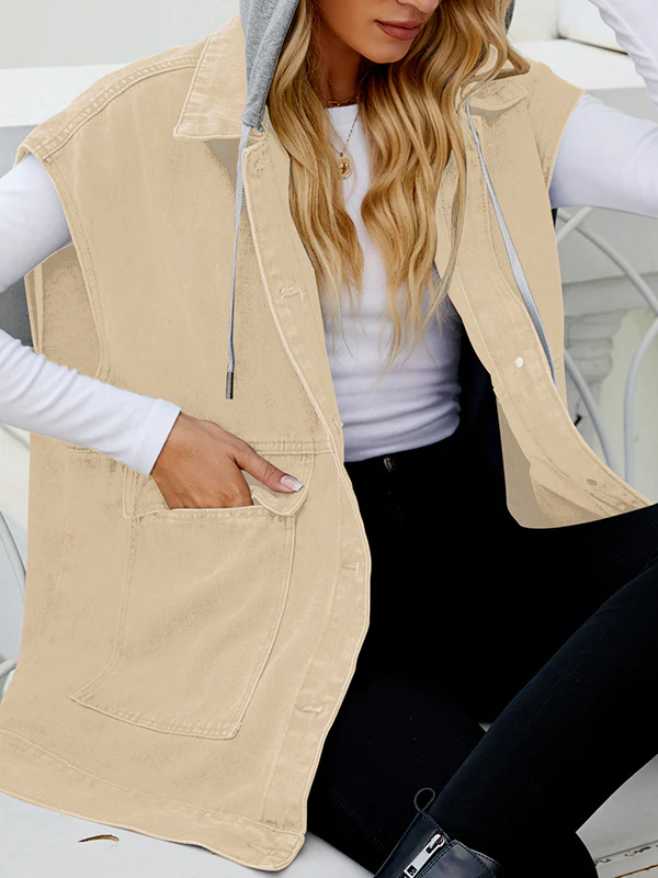 Loose Sleeveless Buttoned Detachable Hooded Pockets Split-Joint Lapel Collar Vest Outerwear - Image 2