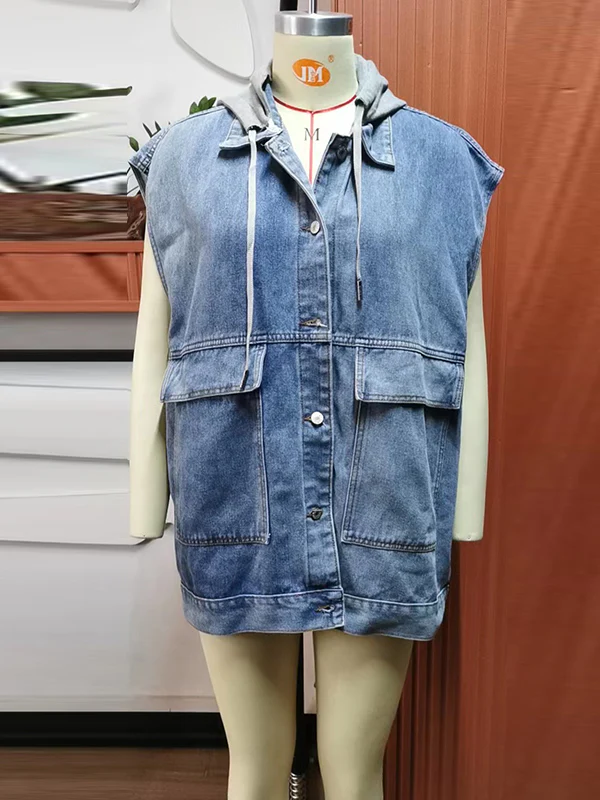 Loose Sleeveless Buttoned Detachable Hooded Pockets Split-Joint Lapel Collar Vest Outerwear - Image 22