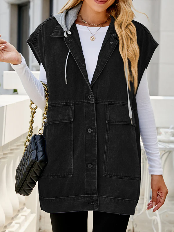 Loose Sleeveless Buttoned Detachable Hooded Pockets Split-Joint Lapel Collar Vest Outerwear - Image 3