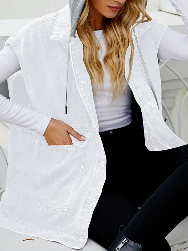 Loose Sleeveless Buttoned Detachable Hooded Pockets Split-Joint Lapel Collar Vest Outerwear - Image 4