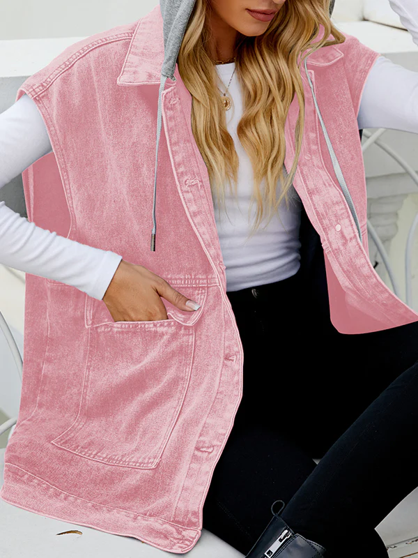 Loose Sleeveless Buttoned Detachable Hooded Pockets Split-Joint Lapel Collar Vest Outerwear - Image 5