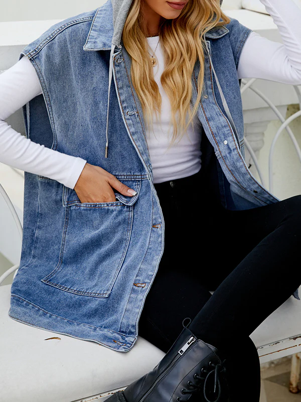 Loose Sleeveless Buttoned Detachable Hooded Pockets Split-Joint Lapel Collar Vest Outerwear - Image 8