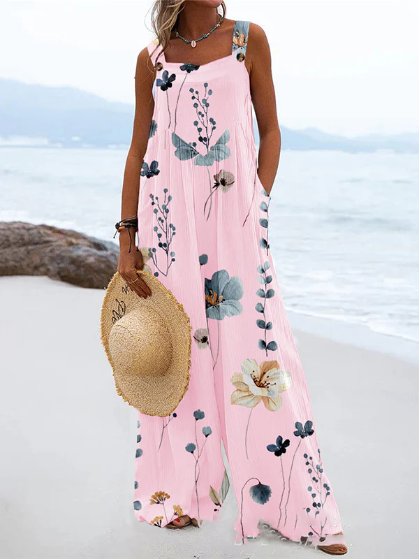 Loose Sleeveless Buttoned Flower Print Pleated Pockets Split-Joint Square-Neck Jumpsuits - Image 2