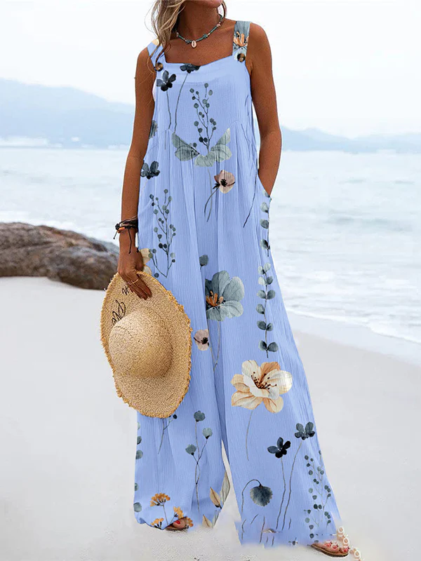 Loose Sleeveless Buttoned Flower Print Pleated Pockets Split-Joint Square-Neck Jumpsuits - Image 3