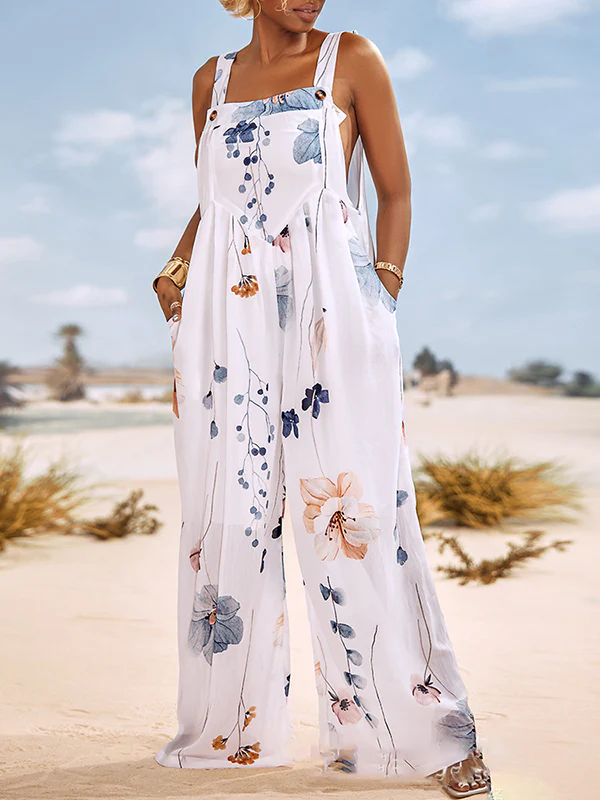 Loose Sleeveless Buttoned Flower Print Pleated Pockets Split-Joint Square-Neck Jumpsuits - Image 4