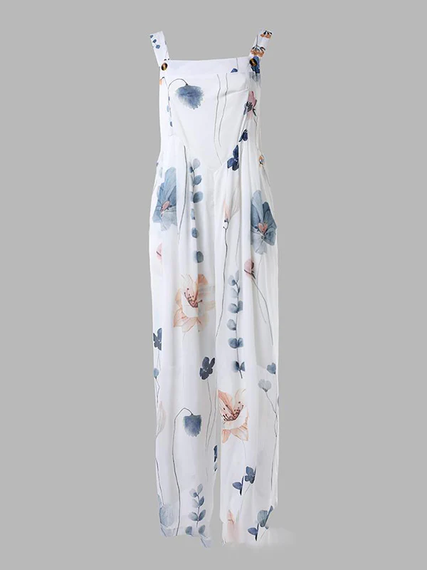 Loose Sleeveless Buttoned Flower Print Pleated Pockets Split-Joint Square-Neck Jumpsuits - Image 6