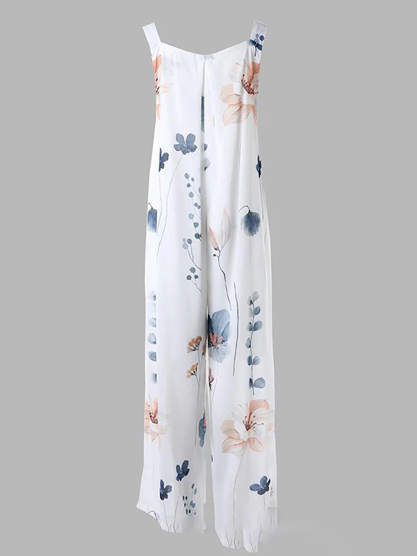 Loose Sleeveless Buttoned Flower Print Pleated Pockets Split-Joint Square-Neck Jumpsuits - Image 7