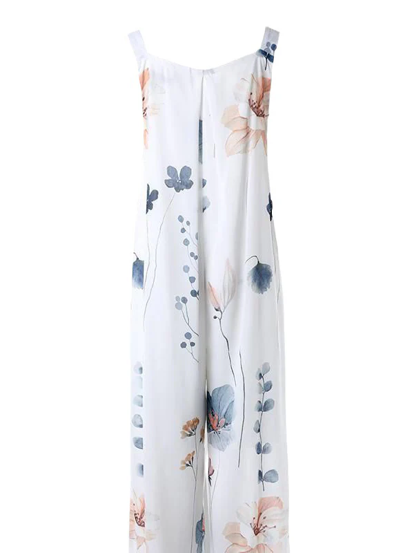 Loose Sleeveless Buttoned Flower Print Pleated Pockets Split-Joint Square-Neck Jumpsuits - Image 8