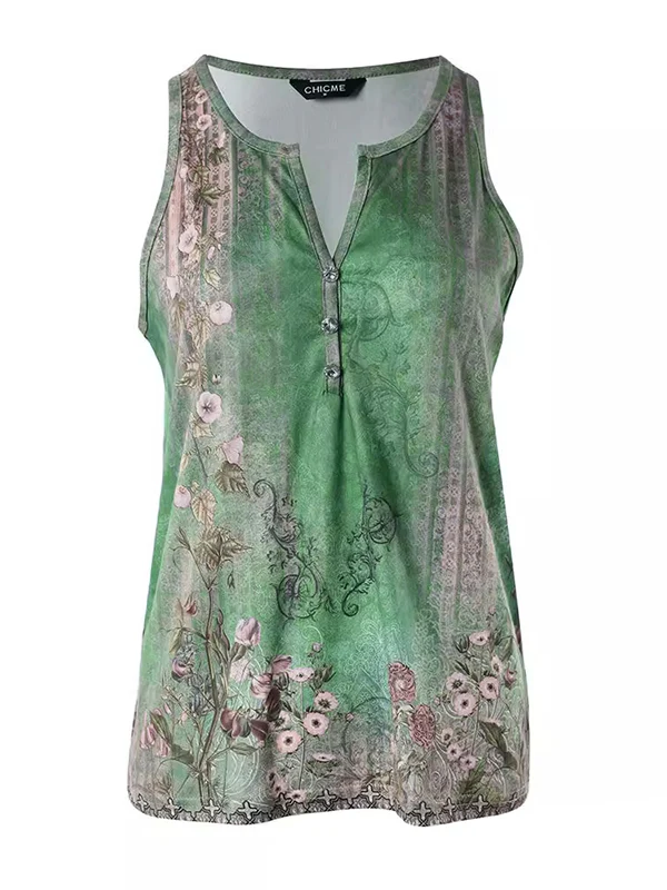 Loose Sleeveless Buttoned Flower Print V-Neck Vest Top - Image 5