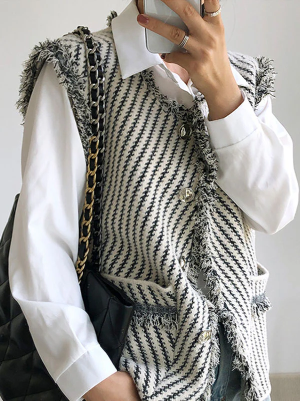 Loose Sleeveless Buttoned Fringed Pockets Striped V-Neck Vest Outerwear - Image 2