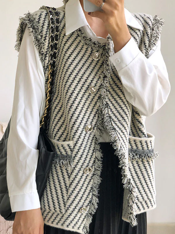 Loose Sleeveless Buttoned Fringed Pockets Striped V-Neck Vest Outerwear - Image 3