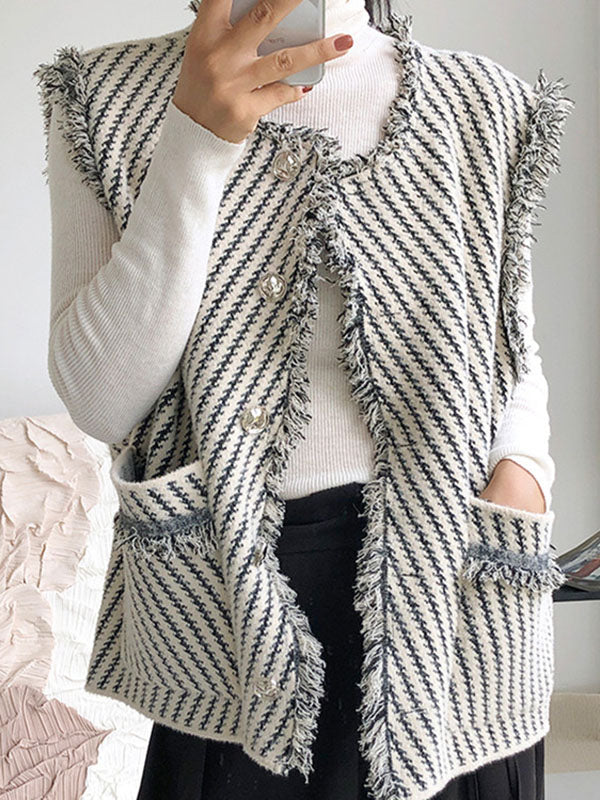 Loose Sleeveless Buttoned Fringed Pockets Striped V-Neck Vest Outerwear - Image 4
