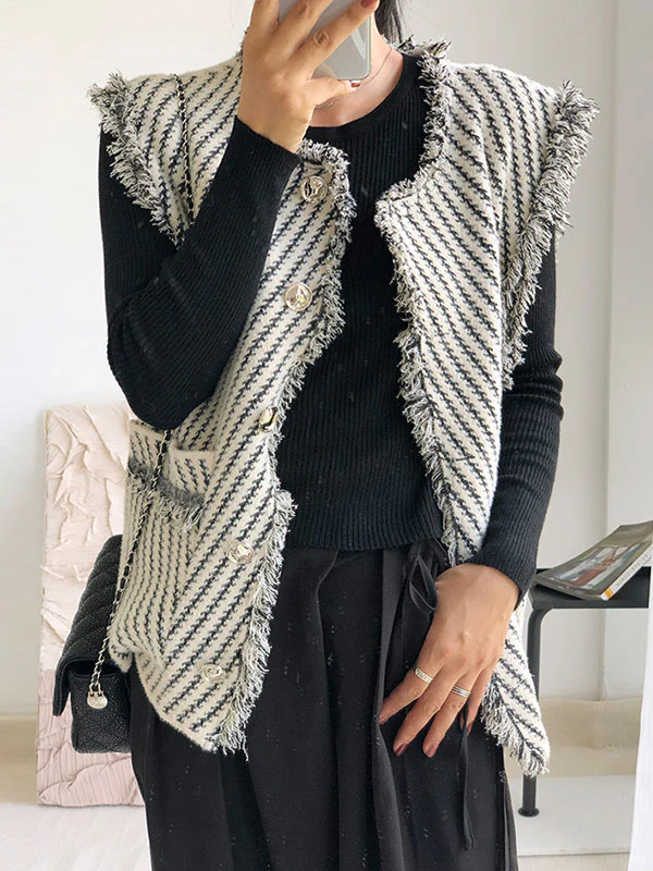 Loose Sleeveless Buttoned Fringed Pockets Striped V-Neck Vest Outerwear - Image 5